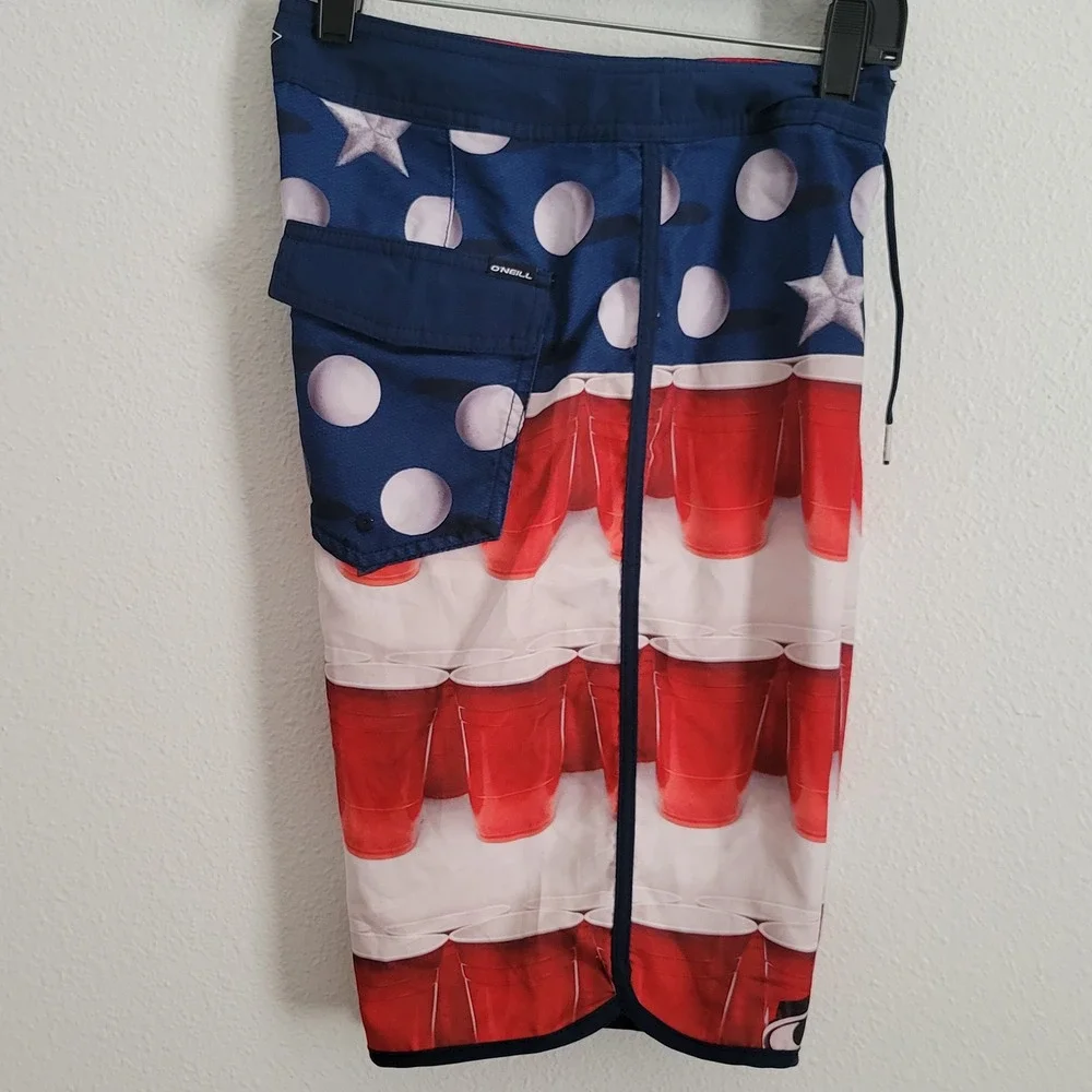 ONeill Hyperfreak Mens 28 Board Shorts Patriotic Red Solo Cup Beer Pong Murca